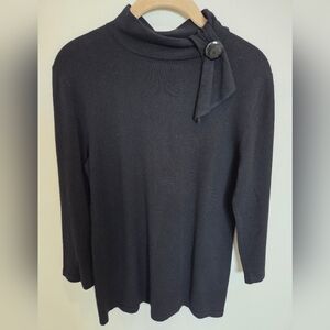 Black Lightweight Knit Sweater with Decorative Button Neck Stylized Faux Bow M